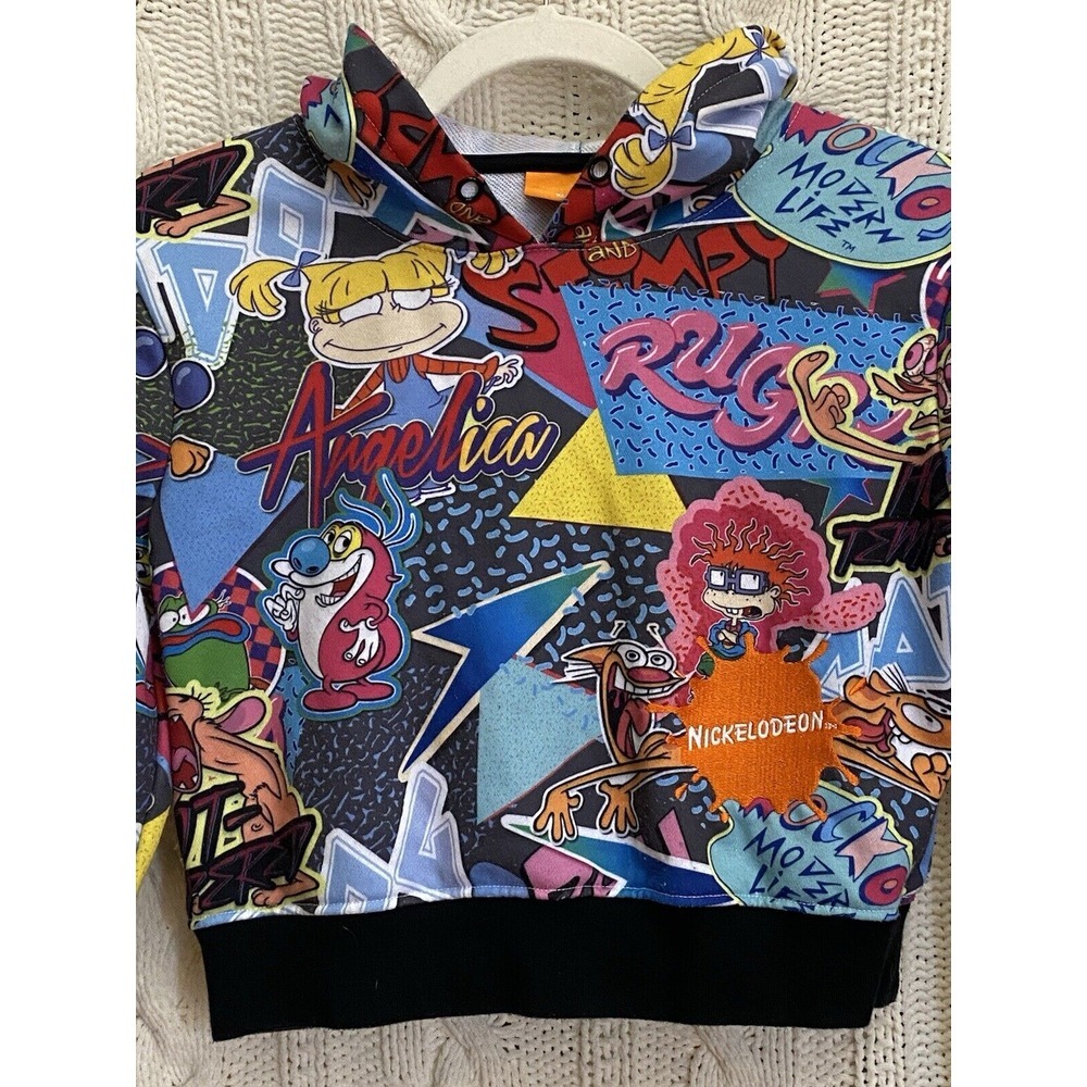 Nickelodeon Crop Hoodie 90's Rugrats S Allover Print‎ Embroidery Sleeve Logo - Picture 2 of 9